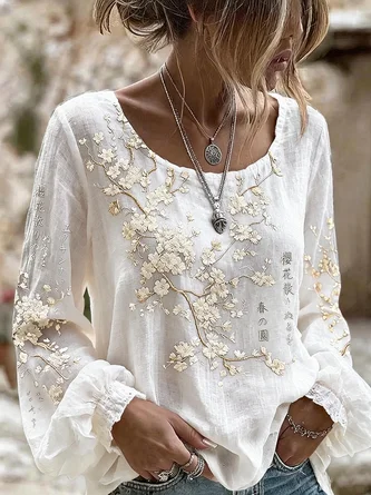 Crew Neck Long Sleeve Floral Regular Micro-Elasticity Loose Blouse For Women - Image 3