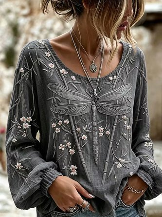 Crew Neck Long Sleeve Floral Lightweight Micro-Elasticity Loose Blouse For Women - Image 4