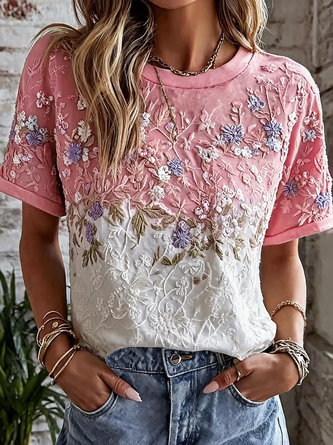 Vintage Floral Crew Neck Short Sleeve T-shirt - Image 2