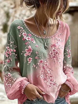 Crew Neck Long Sleeve Floral Lightweight Micro-Elasticity Loose Blouse For Women - Image 4