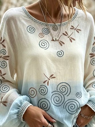 Crew Neck Long Sleeve Floral Lightweight Micro-Elasticity Loose Blouse For Women - Image 3