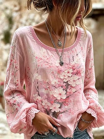 Crew Neck Long Sleeve Floral Lightweight Micro-Elasticity Loose Blouse For Women 1 Crew Neck Long Sleeve Floral Lightweight Micro-Elasticity Loose Blouse For Women
