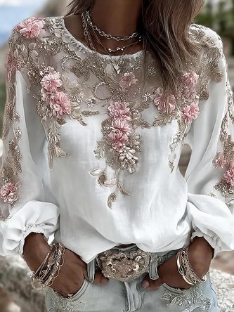 Crew Neck Long Sleeve Floral Regular Micro-Elasticity Loose Blouse For Women - Image 2