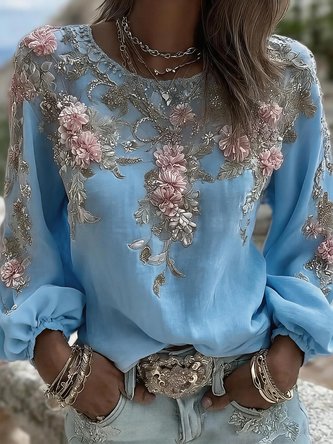 Crew Neck Long Sleeve Floral Regular Micro-Elasticity Loose Blouse For Women - Image 3