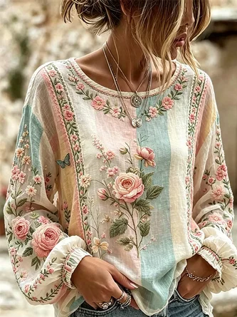 Crew Neck Long Sleeve Floral Lightweight Micro-Elasticity Loose Blouse For Women