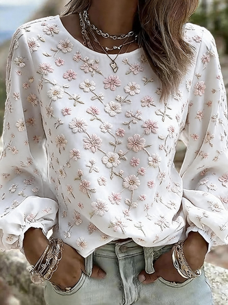 Crew Neck Long Sleeve Floral Regular Micro-Elasticity Loose Blouse For Women - Image 2