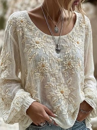 Crew Neck Long Sleeve Floral Lightweight Micro-Elasticity Loose Blouse For Women - Image 2