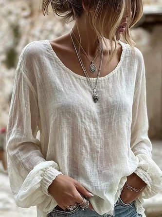 Crew Neck Long Sleeve Floral Lightweight Micro-Elasticity Loose Blouse For Women - Image 5