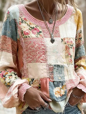 Crew Neck Long Sleeve Floral Lightweight Micro-Elasticity Loose Blouse For Women - Image 2