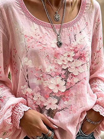 Crew Neck Long Sleeve Floral Lightweight Micro-Elasticity Loose Blouse For Women 3 Crew Neck Long Sleeve Floral Lightweight Micro-Elasticity Loose Blouse For Women - Image 3