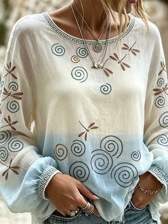 Crew Neck Long Sleeve Floral Lightweight Micro-Elasticity Loose Blouse For Women - Image 2