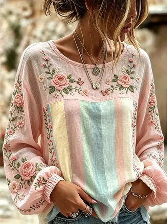 Crew Neck Long Sleeve Floral Lightweight Micro-Elasticity Loose Blouse For Women
