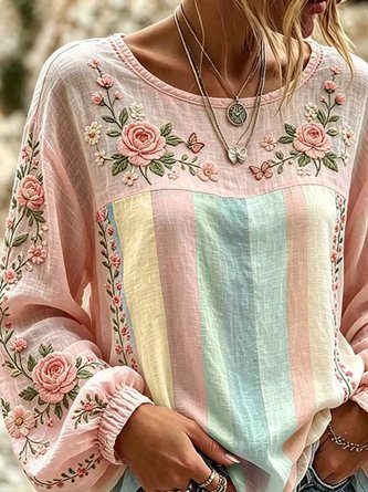 Crew Neck Long Sleeve Floral Lightweight Micro-Elasticity Loose Blouse For Women - Image 2