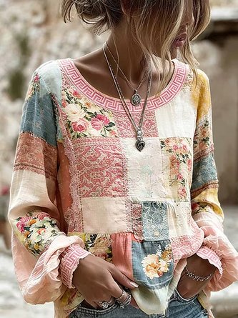 Crew Neck Long Sleeve Floral Lightweight Micro-Elasticity Loose Blouse For Women