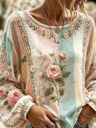 Crew Neck Long Sleeve Floral Lightweight Micro-Elasticity Loose Blouse For Women - Image 2