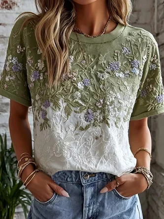 Vintage Floral Crew Neck Short Sleeve T-shirt