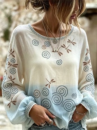 Crew Neck Long Sleeve Floral Lightweight Micro-Elasticity Loose Blouse For Women