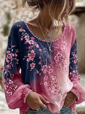 Crew Neck Long Sleeve Floral Lightweight Micro-Elasticity Loose Blouse For Women - Image 5