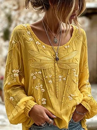 Crew Neck Long Sleeve Floral Lightweight Micro-Elasticity Loose Blouse For Women - Image 2