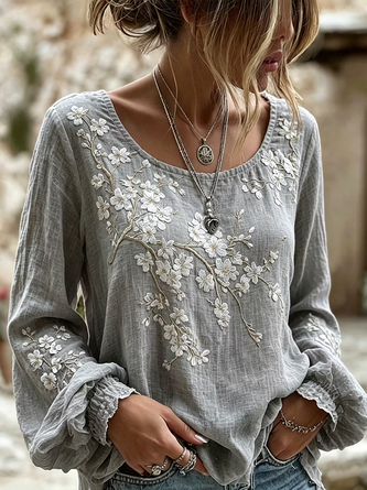 Crew Neck Long Sleeve Floral Printing Regular Micro-Elasticity Regular Fit Blouse For Women 4 Crew Neck Long Sleeve Floral Printing Regular Micro-Elasticity Regular Fit Blouse For Women - Image 4