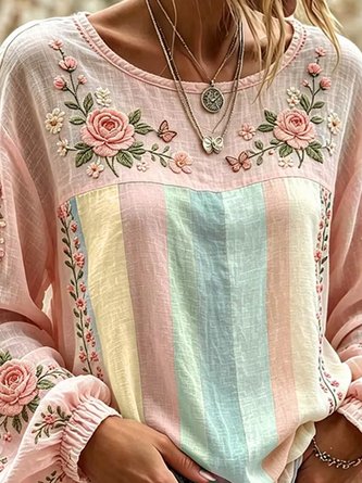 Crew Neck Long Sleeve Floral Lightweight Micro-Elasticity Loose Blouse For Women - Image 3