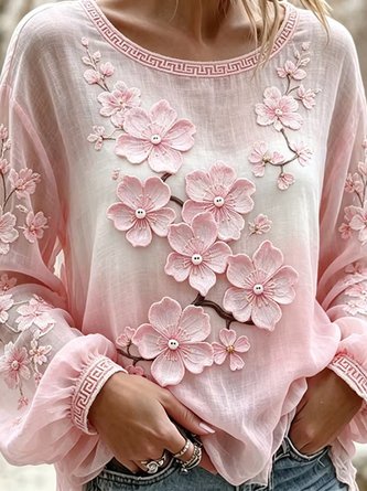 Crew Neck Long Sleeve Floral Lightweight Micro-Elasticity Loose Blouse For Women - Image 3