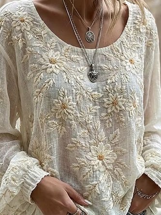 Crew Neck Long Sleeve Floral Lightweight Micro-Elasticity Loose Blouse For Women - Image 3
