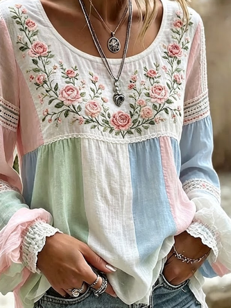 Crew Neck Long Sleeve Floral Printing Regular Micro-Elasticity Regular Fit Blouse For Women - Image 3