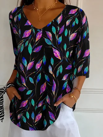 Casual Leaf V Neck Short Sleeve T shirt