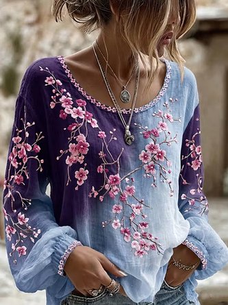 Crew Neck Long Sleeve Floral Lightweight Micro-Elasticity Loose Blouse For Women - Image 2