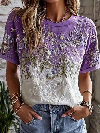 Vintage Floral Crew Neck Short Sleeve T-shirt - Image 4