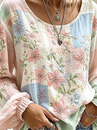 Crew Neck Long Sleeve Floral Lightweight Micro-Elasticity Loose Blouse For Women 3 Crew Neck Long Sleeve Floral Lightweight Micro-Elasticity Loose Blouse For Women - Image 3