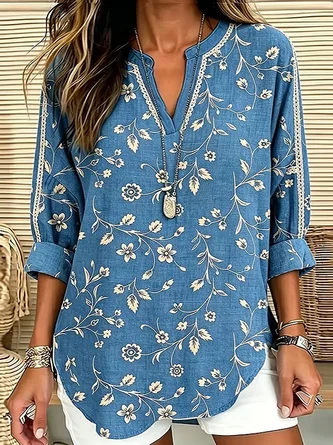 V Neck Long Sleeve Floral Printing Regular Loose Shirt