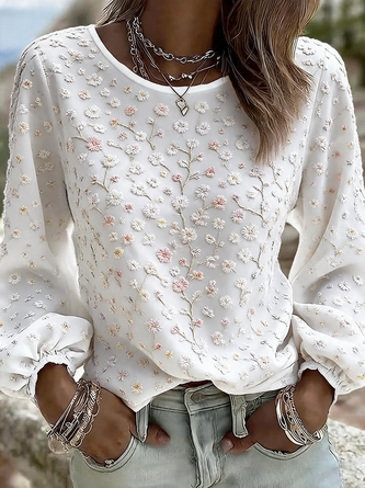 Crew Neck Long Sleeve Floral Regular Micro-Elasticity Loose Blouse For Women - Image 2