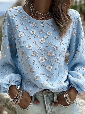 Crew Neck Long Sleeve Floral Regular Micro-Elasticity Loose Blouse For Women - Image 5