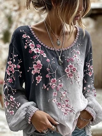 Crew Neck Long Sleeve Floral Lightweight Micro-Elasticity Loose Blouse For Women - Image 3