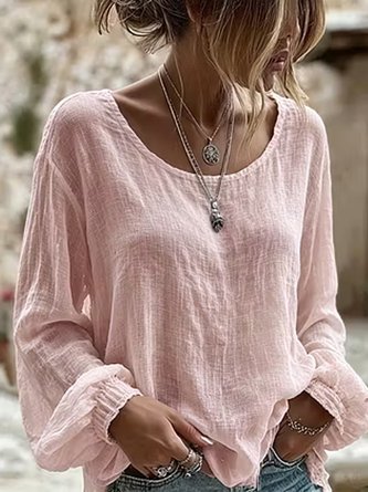 Crew Neck Long Sleeve Floral Lightweight Micro-Elasticity Loose Blouse For Women