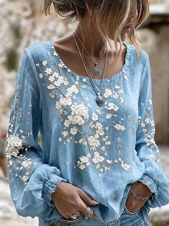 Crew Neck Long Sleeve Floral Regular Micro-Elasticity Loose Blouse For Women - Image 5