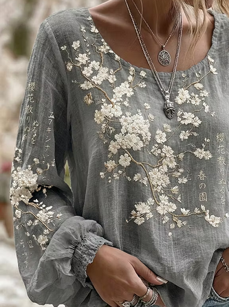 Crew Neck Long Sleeve Floral Regular Micro-Elasticity Loose Blouse For Women - Image 7