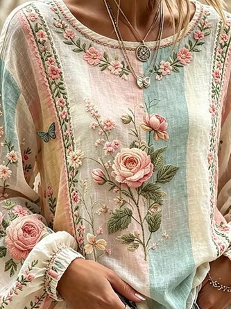 Crew Neck Long Sleeve Floral Lightweight Micro-Elasticity Loose Blouse For Women - Image 3