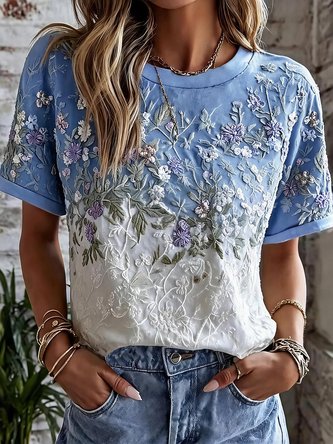 Vintage Floral Crew Neck Short Sleeve T-shirt - Image 3
