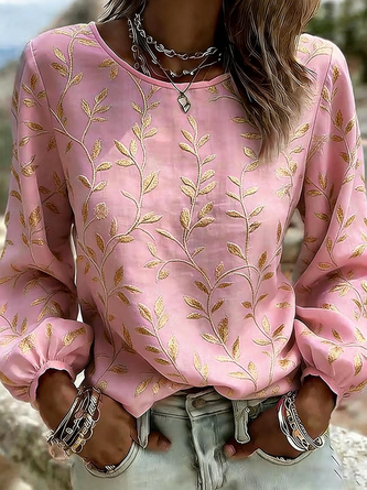 Crew Neck Long Sleeve Leaf Regular Micro-Elasticity Loose Blouse For Women - Image 3