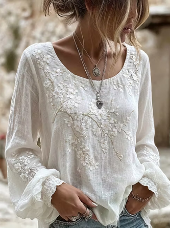 Crew Neck Long Sleeve Floral Printing Regular Micro-Elasticity Regular Fit Blouse For Women 2 Crew Neck Long Sleeve Floral Printing Regular Micro-Elasticity Regular Fit Blouse For Women - Image 2