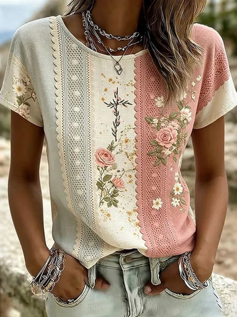 Casual Floral Crew Neck Short Sleeve T-shirt 2 Casual Floral Crew Neck Short Sleeve T-shirt - Image 2