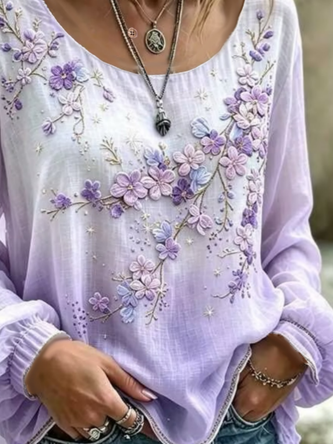 Crew Neck Long Sleeve Floral Printing Lightweight Micro-Elasticity Loose Blouse For Women - Image 3