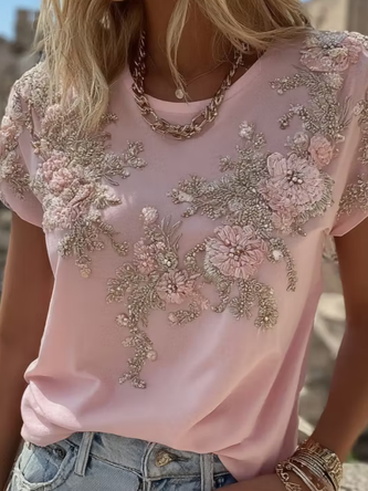 Casual Floral Crew Neck Short Sleeve T-shirt 2 Casual Floral Crew Neck Short Sleeve T-shirt - Image 2