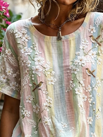 Casual Floral Crew Neck Short Sleeve T-shirt - Image 2