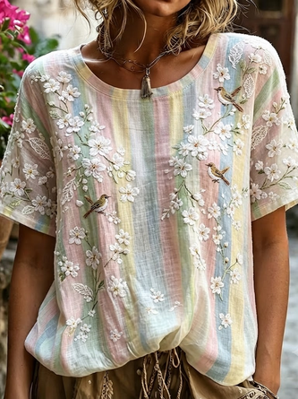 Casual Floral Crew Neck Short Sleeve T-shirt