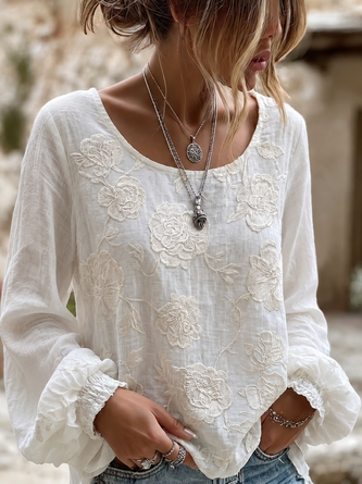 Crew Neck Long Sleeve Floral Lightweight Micro-Elasticity Loose Blouse For Women