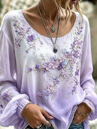 Crew Neck Long Sleeve Floral Printing Lightweight Micro-Elasticity Loose Blouse For Women - Image 2